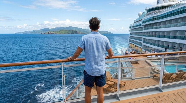 Man on cruise ship deck looking at ocean and island