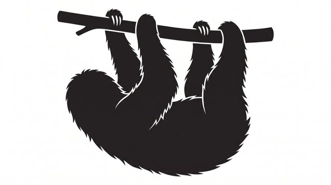 Black silhouette of a sloth hanging from a tree branch with silhouette