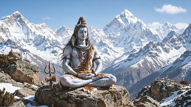 Lord Shiva meditating on a rock in the snow-covered Himalayan mountains holding a trident and wearing traditional ornaments