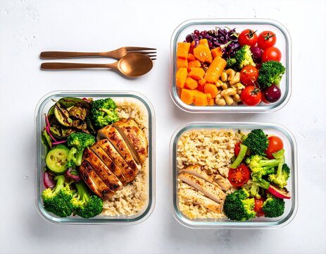 Healthy meal prep containers with grilled chicken, brown rice, and vegetables on white table, diet concept