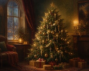 Obraz premium Cozy Christmas tree glowing in a warm festive living room