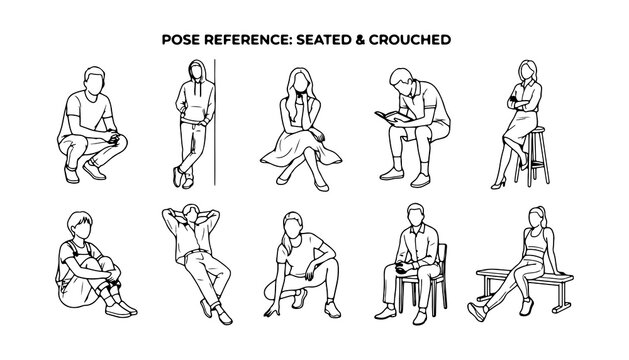 Figures Demonstrating Seated and Crouched Poses, Reference Sheet for Artists, Designers, and Illustrators