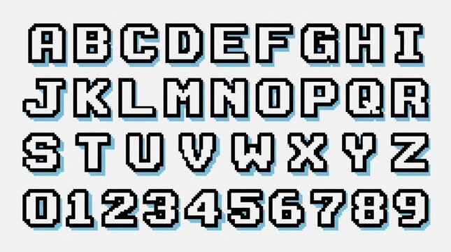 Retro Pixel Art Alphabet and Numeric Character Set for Digital Gaming and Interface Design Graphics
