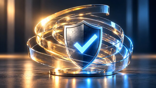 Glowing blue security shield with checkmark surrounded by abstract light trails concept of premium digital data and network protection