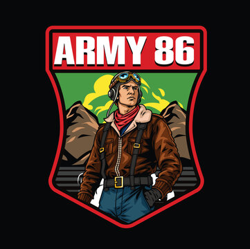 illustration of vintage military pilot wearing leather jacket and goggles badge with Army 86 text