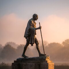 Obraz premium A bronze statue of Mahatma Gandhi walking with a stick against a foggy sunrise background, symbolizing peace and the Indian independence movement for historical education.