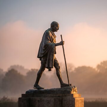 A bronze statue of Mahatma Gandhi walking with a stick against a foggy sunrise background, symbolizing peace and the Indian independence movement for historical education.