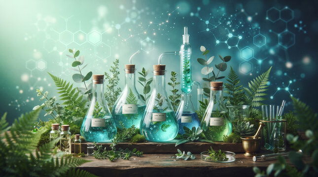 Botanical laboratory setup with glass flasks, test tubes, and fresh green plants for natural cosmetic or essential oil extraction research