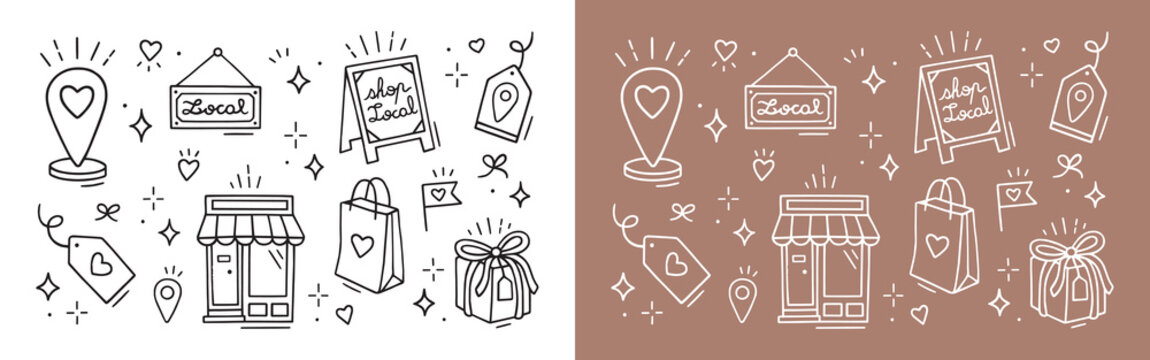 Local shop small business doodles creator craft market drawing handmade aesthetic hand drawn elements line art. Ethical store packaging shopping bag tag black and white cute ink sketch sticker pack.