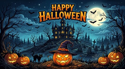 Fototapeta premium Happy Halloween banner with carved pumpkins and haunted mansion under a full moon night sky