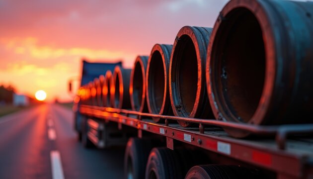 Industrial steel pipes loaded on a red flatbed truck during golden sunset. The scene captures heavy cargo transport on a highway with dramatic warm lighting illuminating the metal cylinders.
