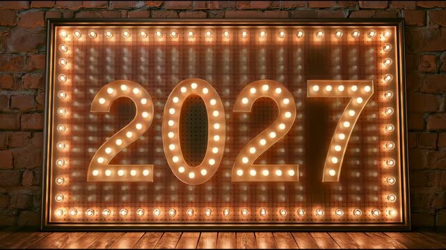 Dynamic lighting highlights the year 2027 as the numbers transform through various bright patterns against a rustic backdrop.