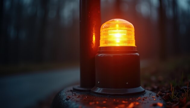 A glowing yellow-orange warning beacon light sits on a dark surface in a moody, dimly-lit outdoor setting. The rotating beacon emits a bright, intense glow against a blurred dark background.