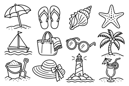 Summer Beach Hand Drawn Icon Set &ndash; 12 Doodle Style Vector Illustrations for Coastal, Vacation and Tropical Summer Themes