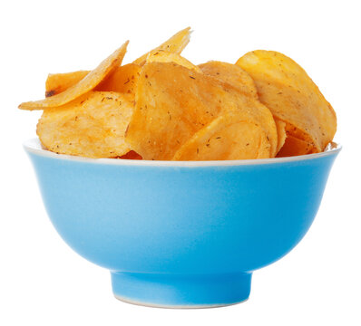 Bowl of crispy potato chips on a plain background