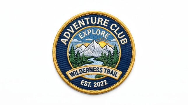 Adventure Club embroidered patch with mountain landscape and river