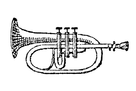 Petit bugle, small valved brass instrument of the 19th century, often an E flat flugelhorn or pocket cornet, old vintage illustration, 1897