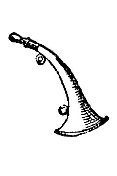 Horn, brass instrument with a curved shape and decorative elements used for signaling and music, old vintage illustration, 1897