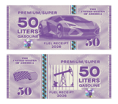 Fictional lilac vector fuel receipt. 50 liters of gasoline, premium, super. United States of America. Guilloche, mesh background, sports hypercar. Oil pump, flag and hologram. Fifty petrol. Set notes