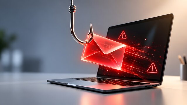 Email phishing concept featuring a metal fish hook catching a glowing red envelope alert from a modern laptop screen.