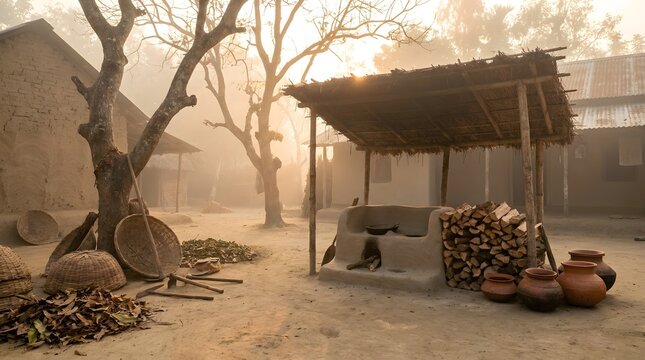 A captivating glimpse into a rural village scene showcasing traditional mud brick architecture a thatched roof shelter and the subtle beauty of a winter landscape