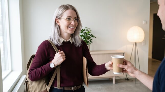 Generative AI, Woman receiving coffee from colleague in office