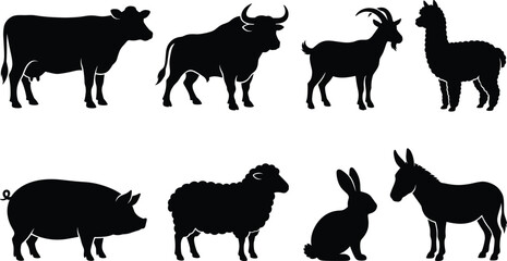 Obraz premium Farm Animal Silhouettes - Vector icon set featuring cow, bull, sheep, pig, goat, and domestic livestock isolated on white background