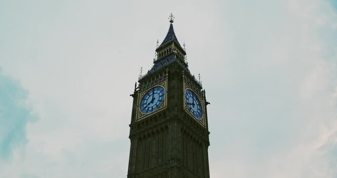 London, United Kingdom, August 16, 2026. Low angle view of the historic Big Ben Elizabeth Tower clock face in daylight.