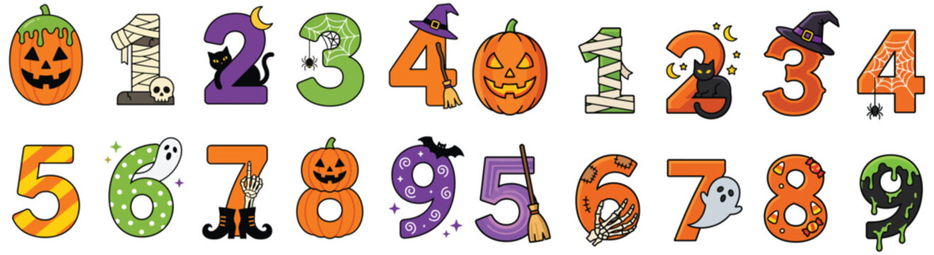 Halloween Number Icons Vector Set, Spooky Typography and Festive Digits Graphic Collection