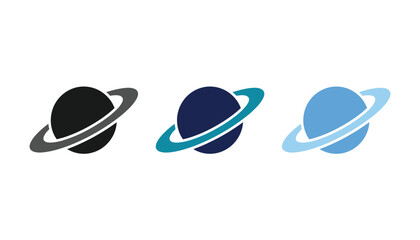 Set of three planet icons with rings in different shades of blue and black, minimalist vector illustration for space and astronomy design elements © Mahir