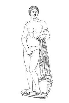 Venus, ancient Greek statue of Aphrodite, shown in a detailed line drawing resting against a vase, old vintage illustration, 1894