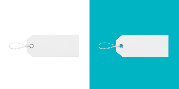 White paper tags with string loops on turquoise background transparent png