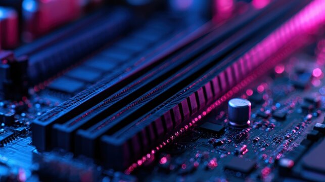 A close-up view of a motherboard with memory slots illuminated by pink and blue neon lights. This represents advanced computer hardware for technology concepts.