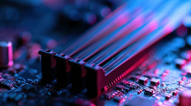 Futuristic computer motherboard with RAM slots glowing with neon blue and pink light streaks. High-tech concept for digital innovation and data.