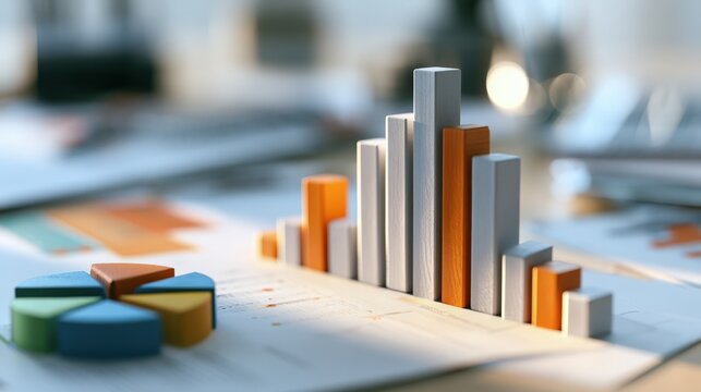Colorful financial data charts and 3D bar graphs arranged neatly on a desk with warm lighting. Business analytics concept for corporate strategy reports and presentations.