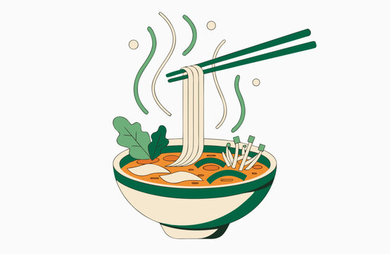 Vietnamese pho noodle soup with chopsticks, fresh herbs, vegetables and steaming broth in bowl, traditional asian street food illustration