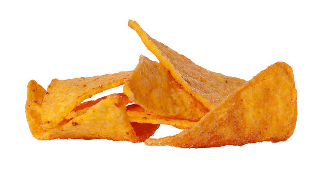 Chips piled on top of each other on a white background