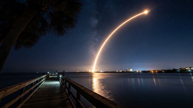 Rocket launch trajectory lighting up the night sky over a calm coastal wooden pier landscape
