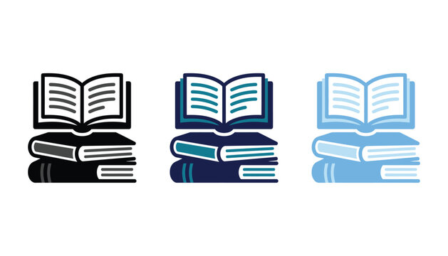 Set of three book icons in different color variations, representing education, reading, literature, and library concepts, flat vector design