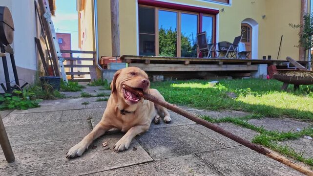 Labrador retriever, Canis lupus familiaris on a grass field. Healthy chocolate brown labrador retriever having fun outdoors at Donauwoerth, Bavaria in Germany