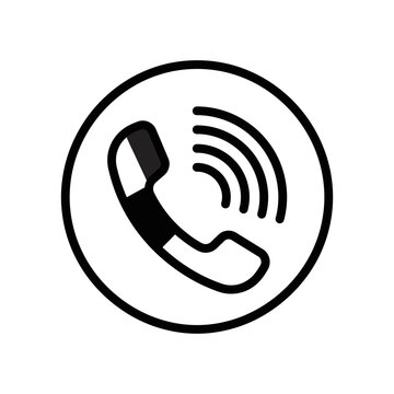 Telephone handset icon with signal waves in a circle.