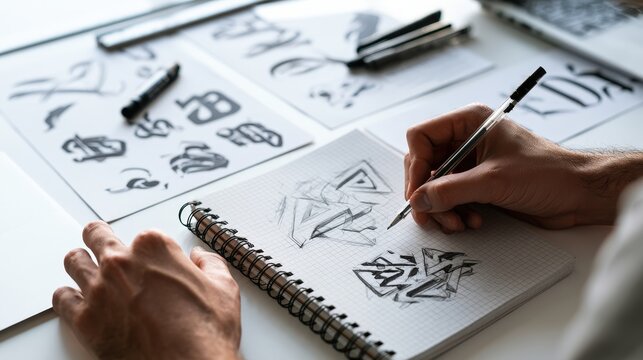 A close-up of a designer drawing geometric logo sketches in a notebook on a bright desk. Perfect for creative agency and branding concepts.