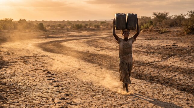 African woman carrying heavy water jugs on her head while walking across a dry cracked desert landscape during a golden sunset depicting water scarcity and severe drought