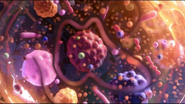 The clip shows various microorganisms and cells moving and interacting in a vibrant environment, highlighting their diversity and complexity.