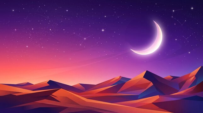 Crescent moon shining over desert sand dunes under a starry purple night sky