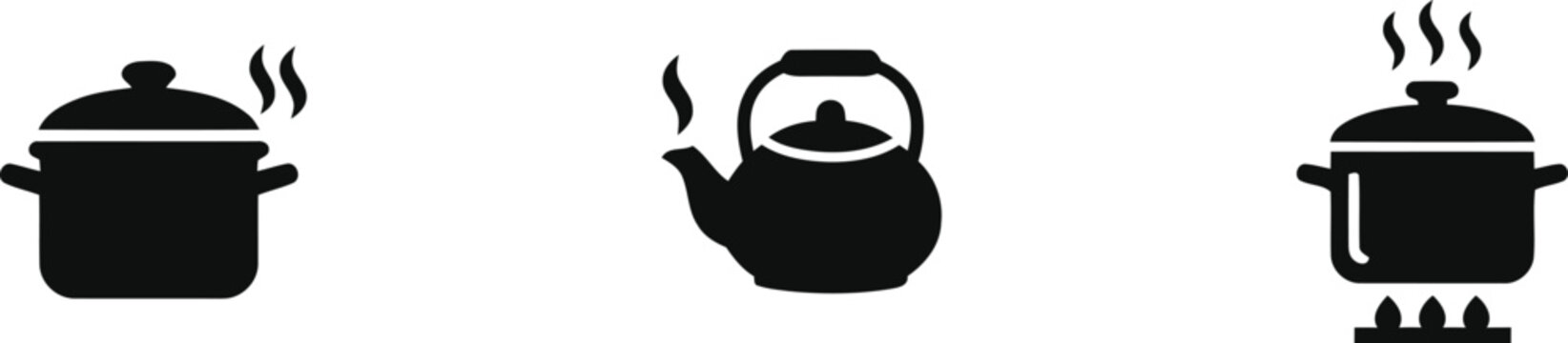 Set of black kitchen icons featuring cooking pots and a steaming tea kettle for restaurant or food web design