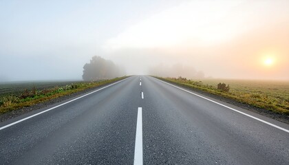 Fototapeta premium Empty Asphalt Highway Stretching into Thick Morning Fog at Sunrise