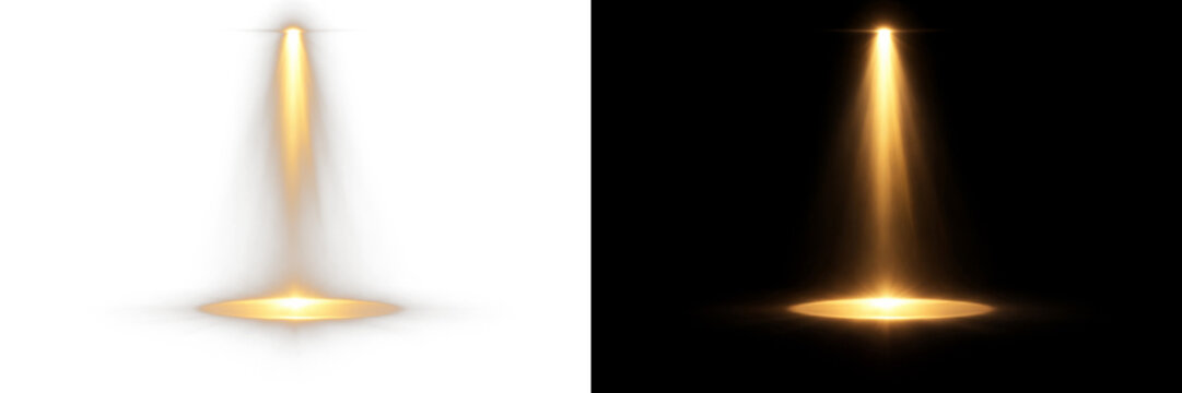 Pair of golden vertical spotlight beams with glowing elliptical bases on transparent background