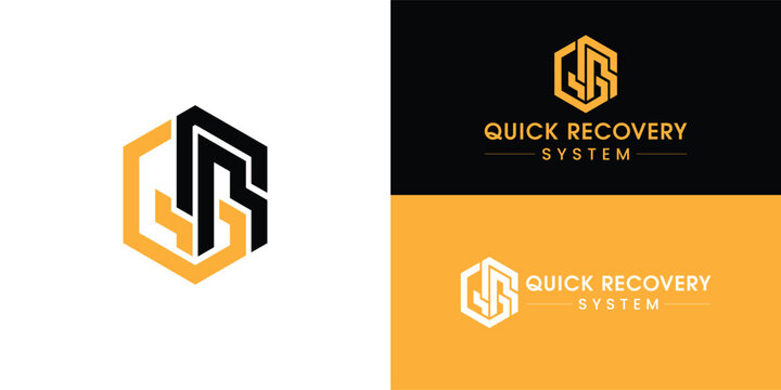 A modern, structured geometric logo featuring interwoven orange and black lines forming a stylised QR monogram within a clean hexagonal shape. Designed for a truck-mounted cable recovery system logo.