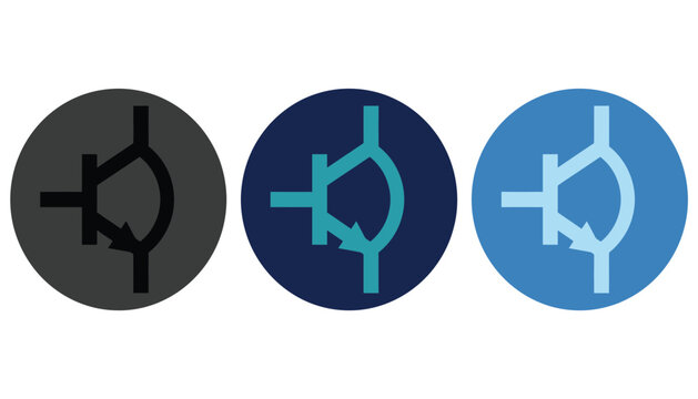 Set of three npn bipolar junction transistor electronic component symbols in different blue and grey color variations